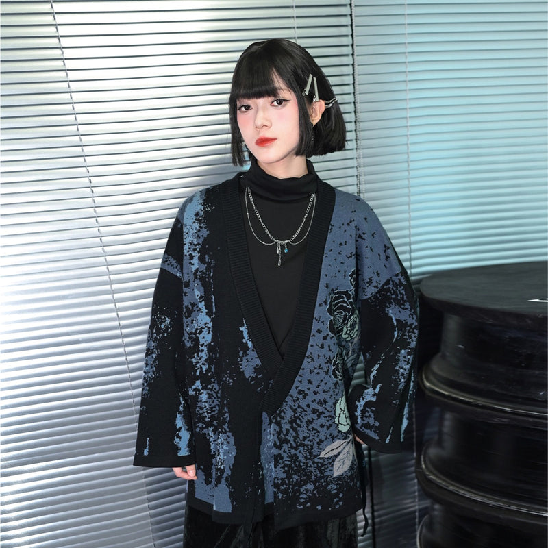 椿の花の刺繍アシンメトリーカーディガン