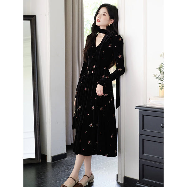 Black Floral Embroidered Velvet Dress