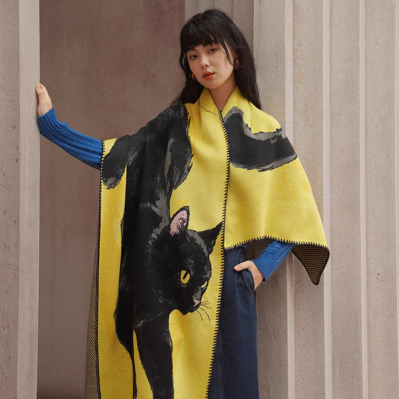 黒猫の挿絵ニットストール