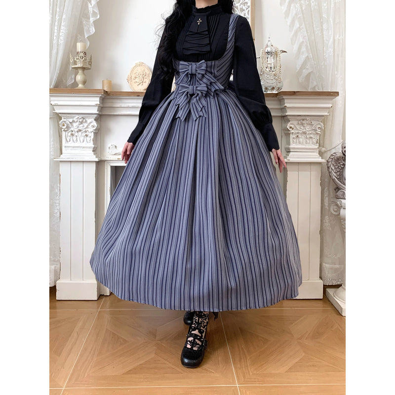 西洋令嬢の縦縞クラシカルジャンパースカート - Navy Gray[2026年1月上旬-1月下旬発送予定]