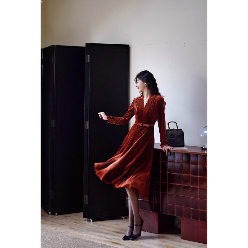 赤銅色の貴婦人ベルベットワンピース
