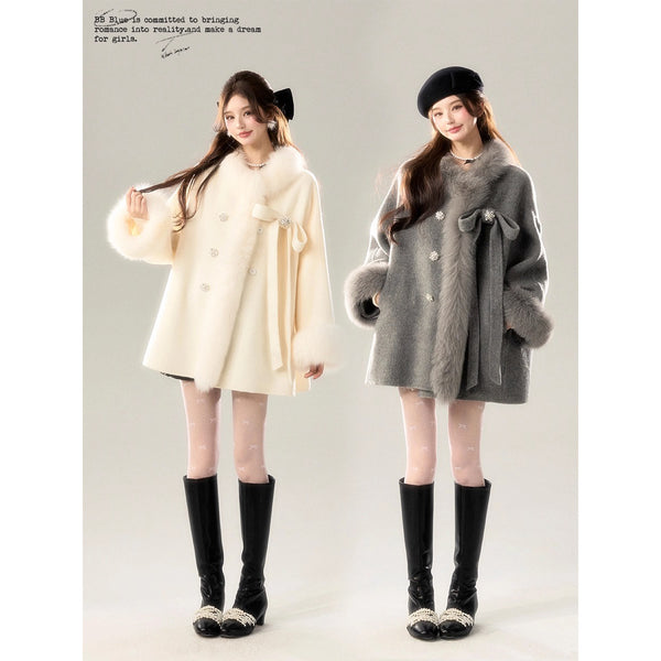 Romantic Ribbon Fur Wool Coat