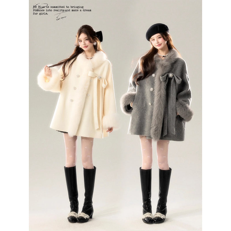 Romantic Ribbon Fur Wool Coat