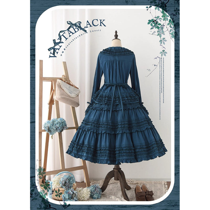 孔雀青のお嬢様のフリルトップスとティアードスカートとホワイトエプロン