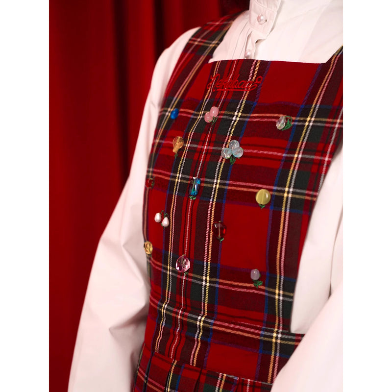 花束刺繍の格子柄ジャンパースカート