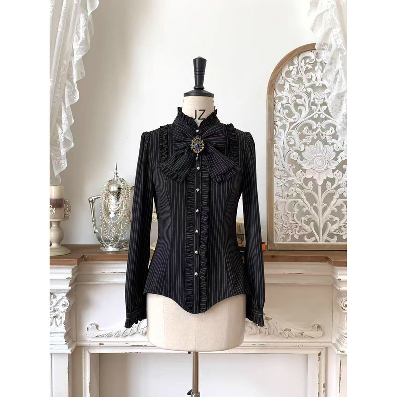 西洋令嬢の縦縞クラシカルブラウス - Black[2026年1月上旬-1月下旬発送予定]