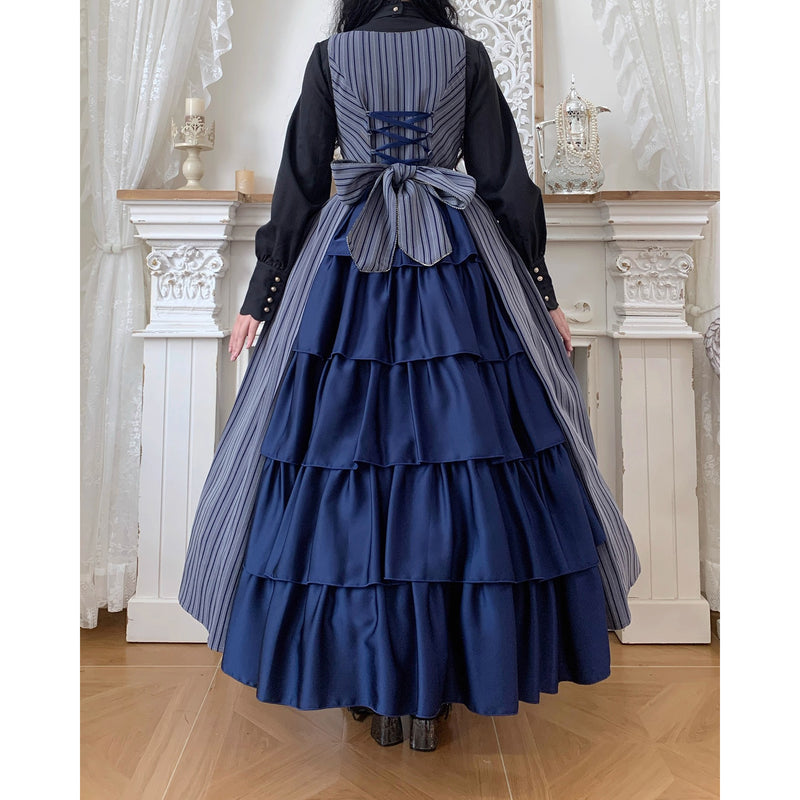 西洋令嬢の縦縞クラシカルジャンパースカート - Navy Gray[2026年1月上旬-1月下旬発送予定]