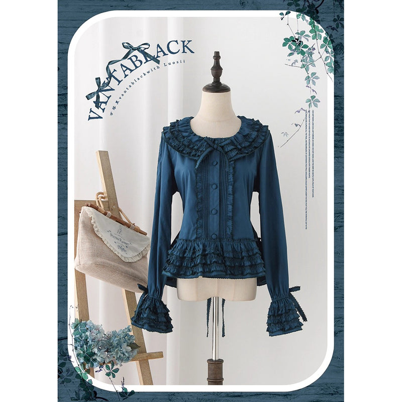 孔雀青のお嬢様のフリルトップスとティアードスカートとホワイトエプロン