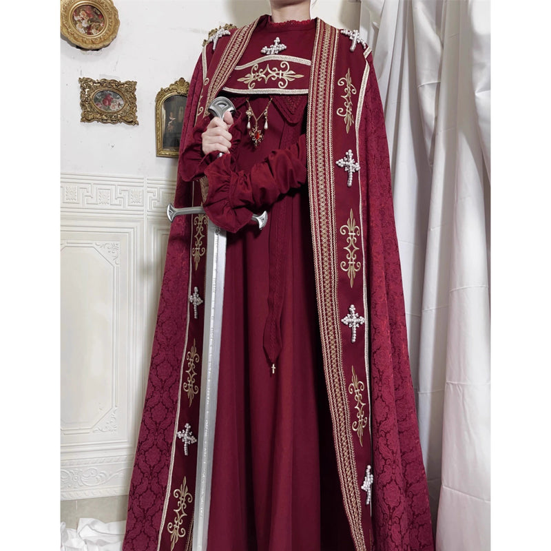 月夜の修道女の刺繍ロングマント - Wine Red × Gold[2025年12月上旬-2026年1月上旬発送予定]