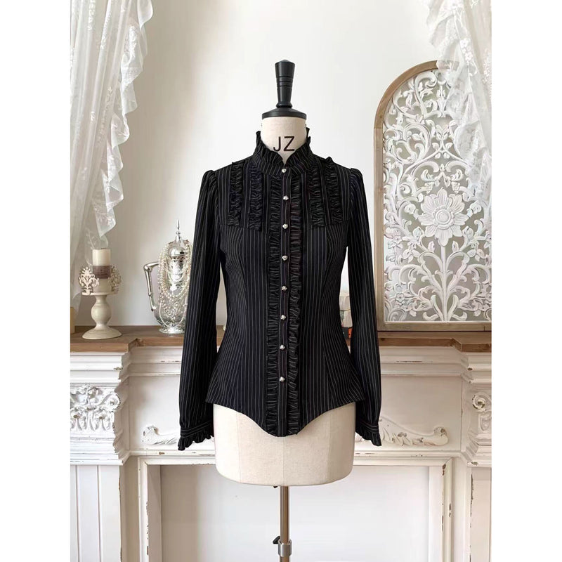 西洋令嬢の縦縞クラシカルブラウス - Black[2026年1月上旬-1月下旬発送予定]