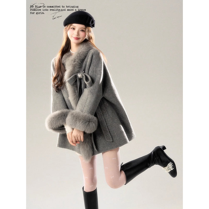 Romantic Ribbon Fur Wool Coat