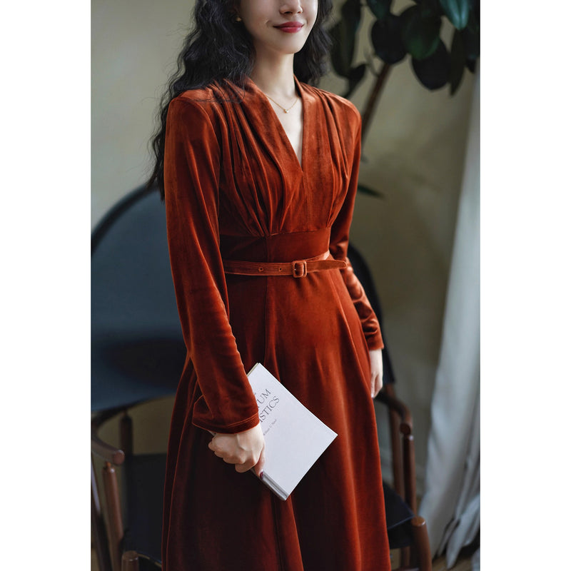 赤銅色の貴婦人ベルベットワンピース