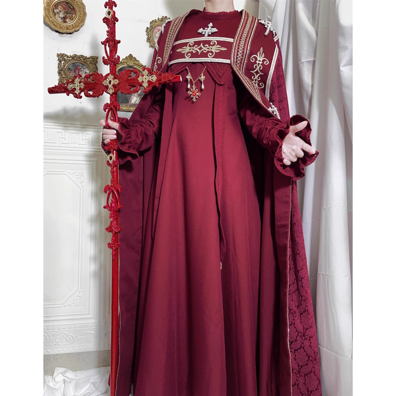 月夜の修道女の刺繍ロングマント - Wine Red × Gold[2025年12月上旬-2026年1月上旬発送予定]