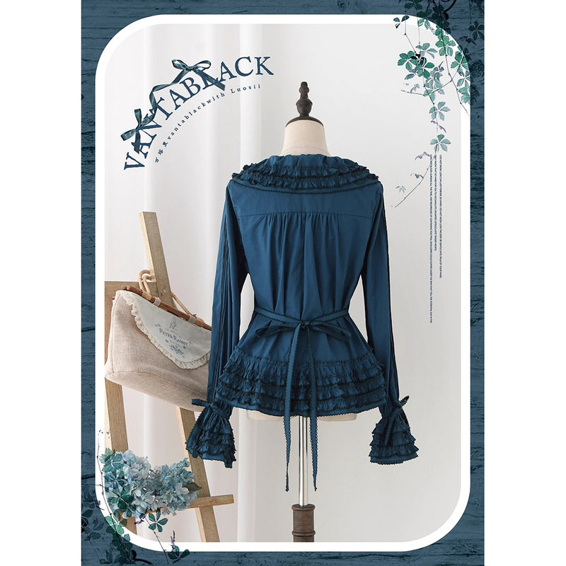 孔雀青のお嬢様のフリルトップスとティアードスカートとホワイトエプロン