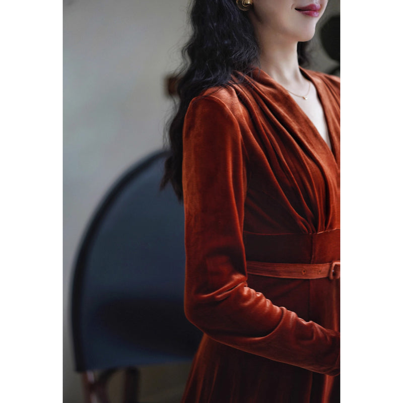 赤銅色の貴婦人ベルベットワンピース