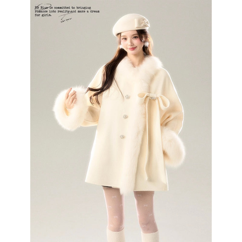 Romantic Ribbon Fur Wool Coat
