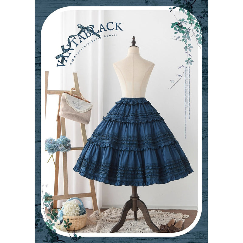 孔雀青のお嬢様のフリルトップスとティアードスカートとホワイトエプロン