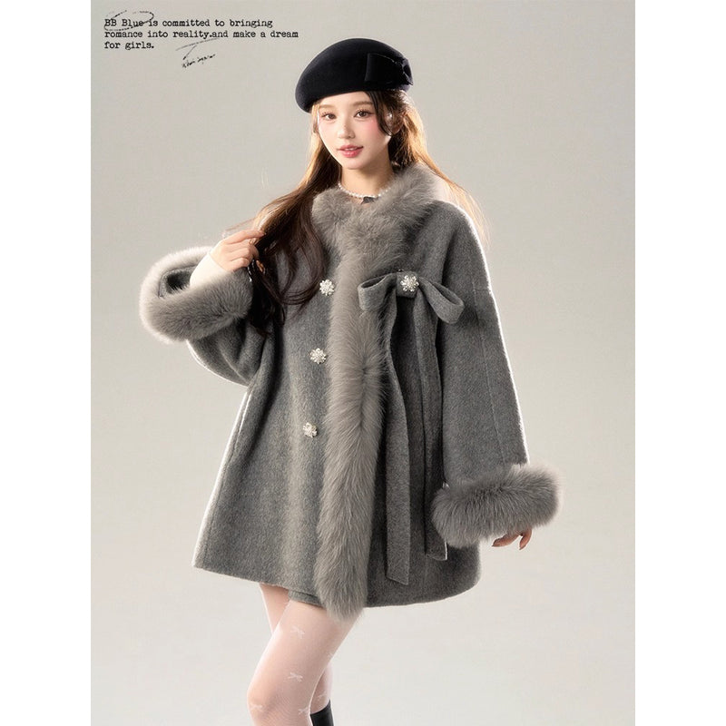 Romantic Ribbon Fur Wool Coat