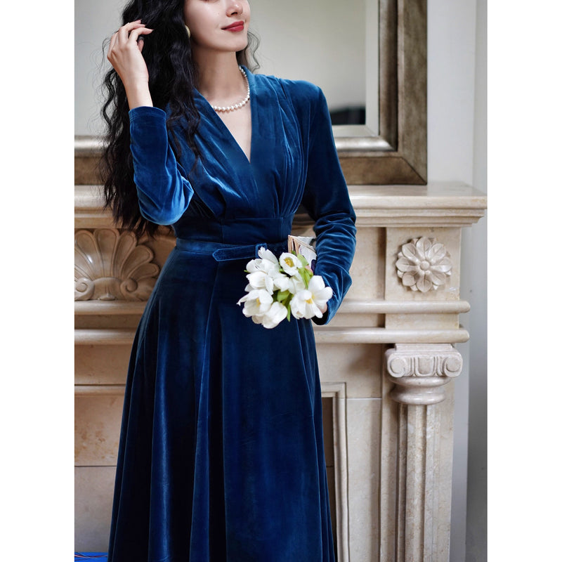 紺藍色の貴婦人ベルベットワンピース