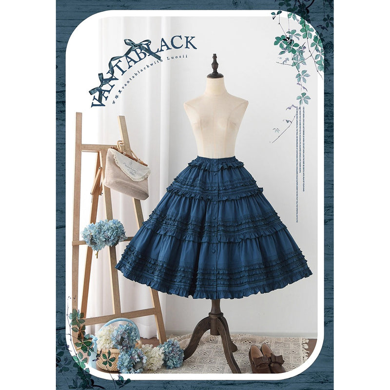 孔雀青のお嬢様のフリルトップスとティアードスカートとホワイトエプロン