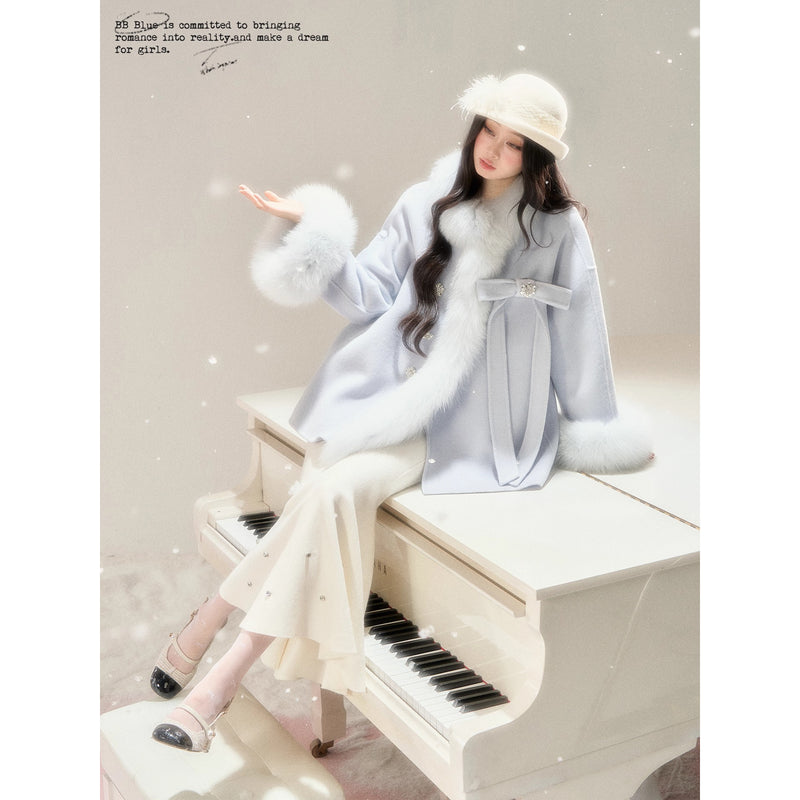 Romantic Ribbon Fur Wool Coat