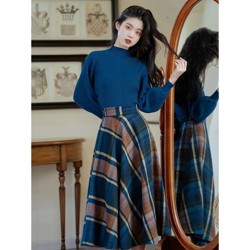 Blue-Brown Checkered Retro Skirt and Blue Knit Sweater