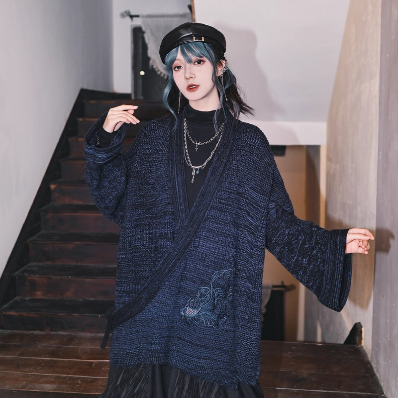 闘魚の刺繍ニットカーディガン