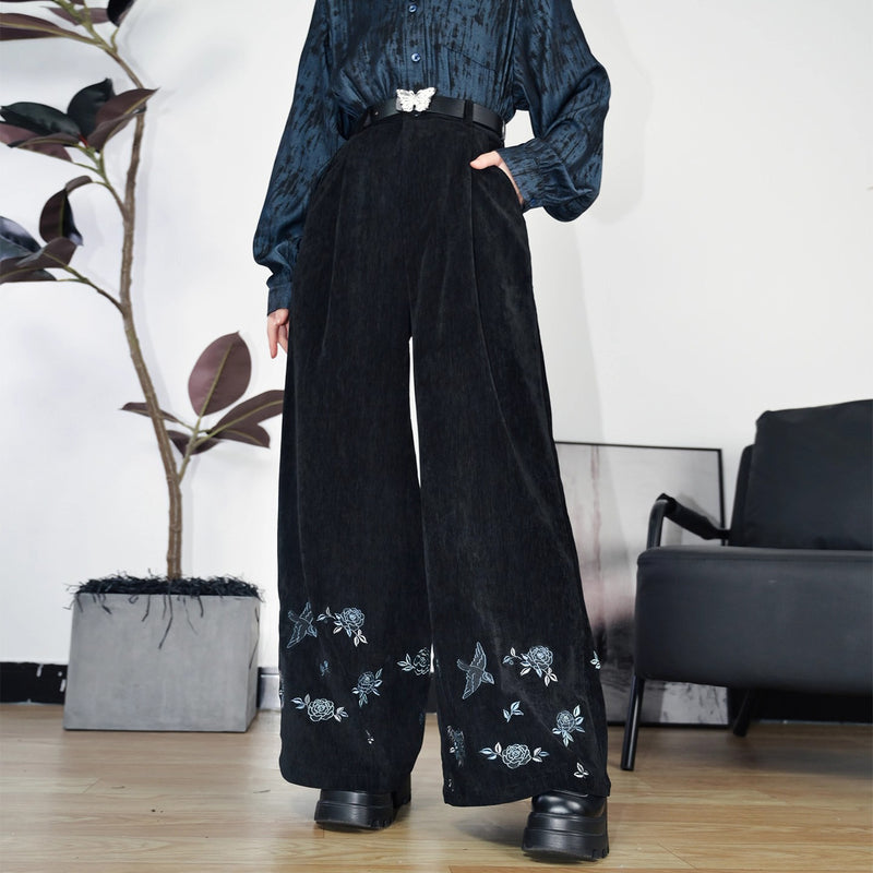 椿の花と鶯の刺繍ワイドパンツ
