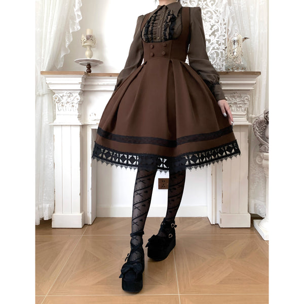 西洋令嬢の編み上げジャンパースカート - Dark Brown[2026年3月上旬-3月下旬発送予定]