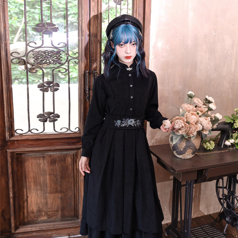 椿の花と鶯の刺繍コルセットワンピース