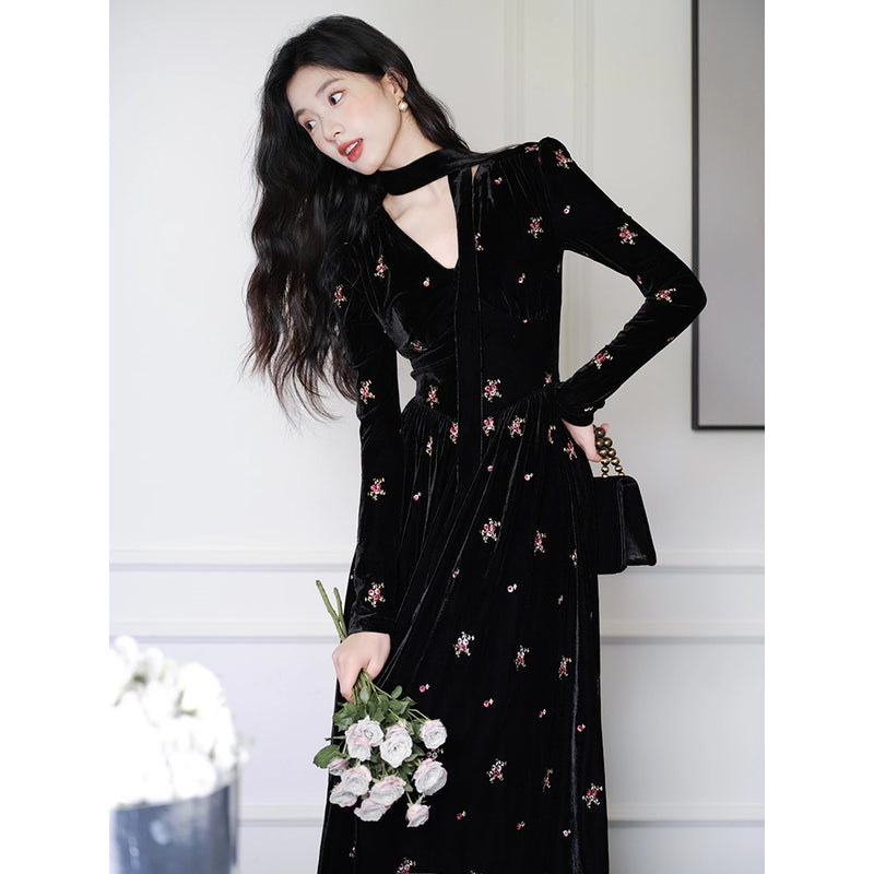 Black Floral Embroidered Velvet Dress