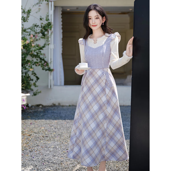 Light Purple Plaid Jumper Skirt and Knit Top