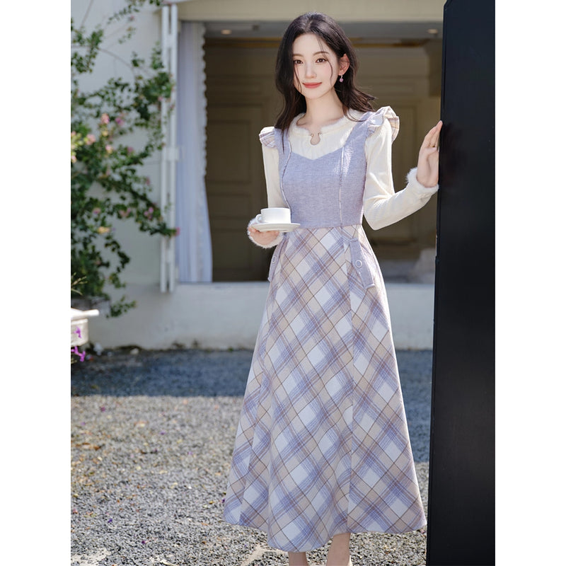 Light Purple Plaid Jumper Skirt and Knit Top