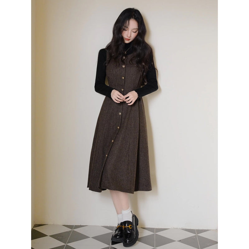 Dark Brown Jumper Skirt and Black Knit Top