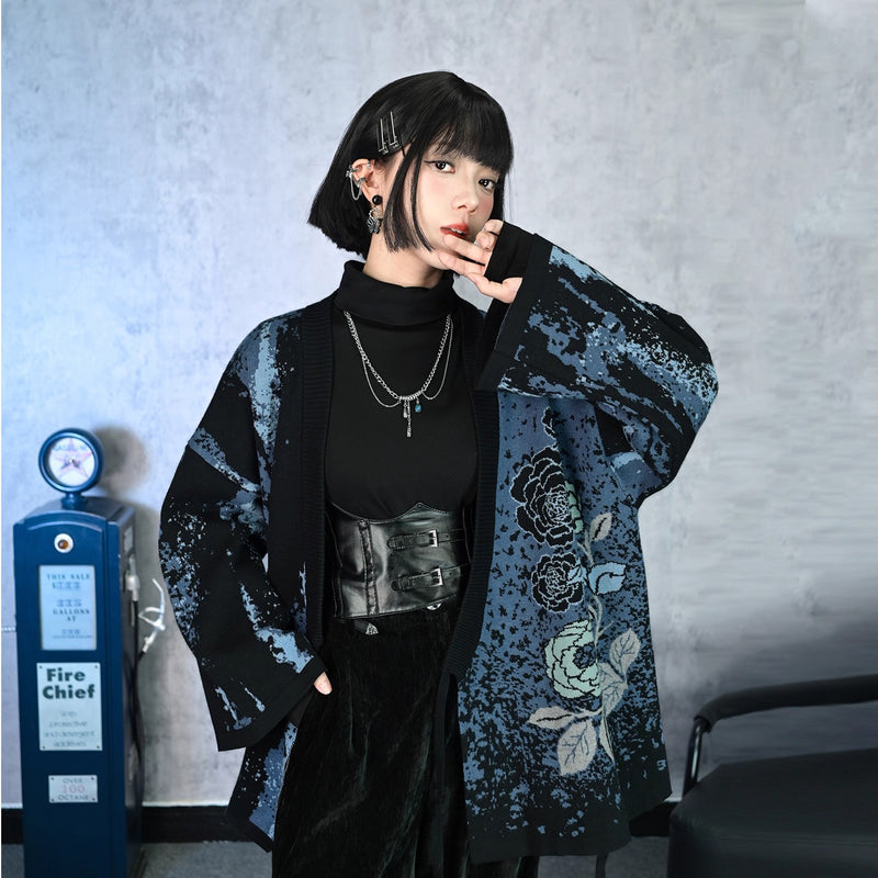 椿の花の刺繍アシンメトリーカーディガン