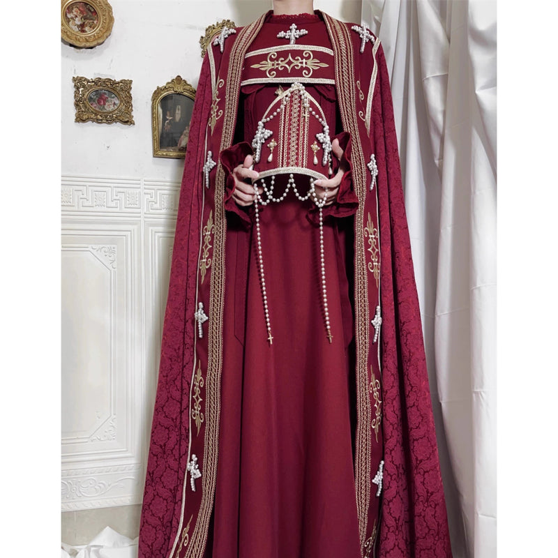 月夜の修道女の刺繍ロングマント - Wine Red × Gold[2025年12月上旬-2026年1月上旬発送予定]