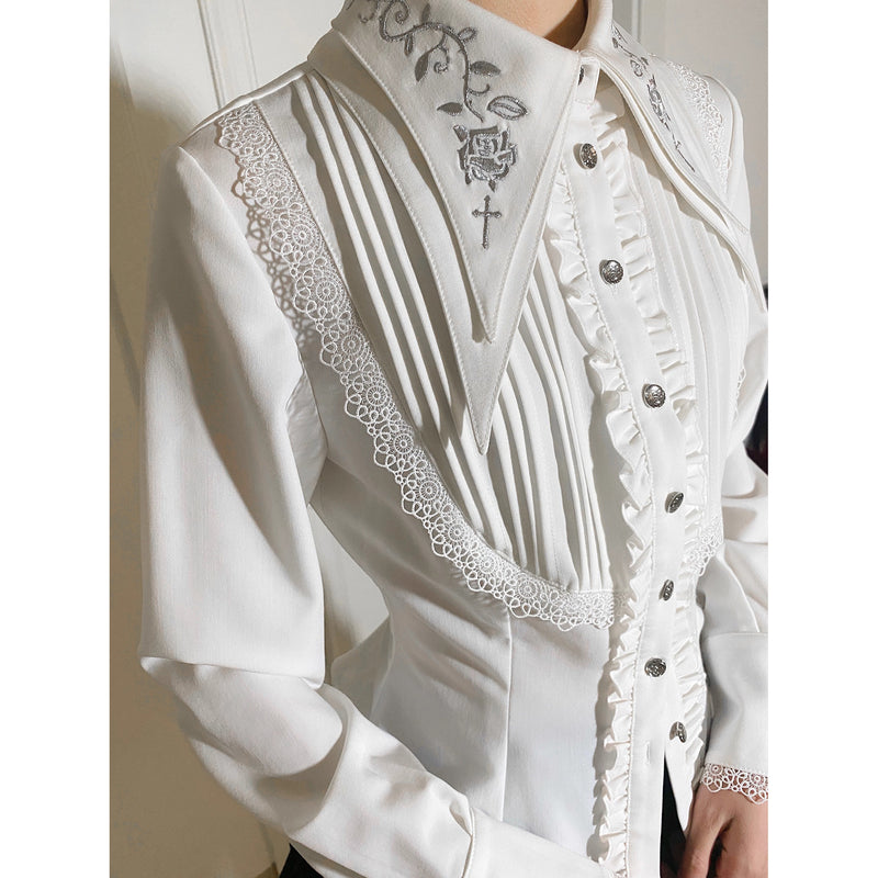 中世貴族の薔薇刺繍ブラウス - White[2025年9月中旬-10月上旬発送予定]