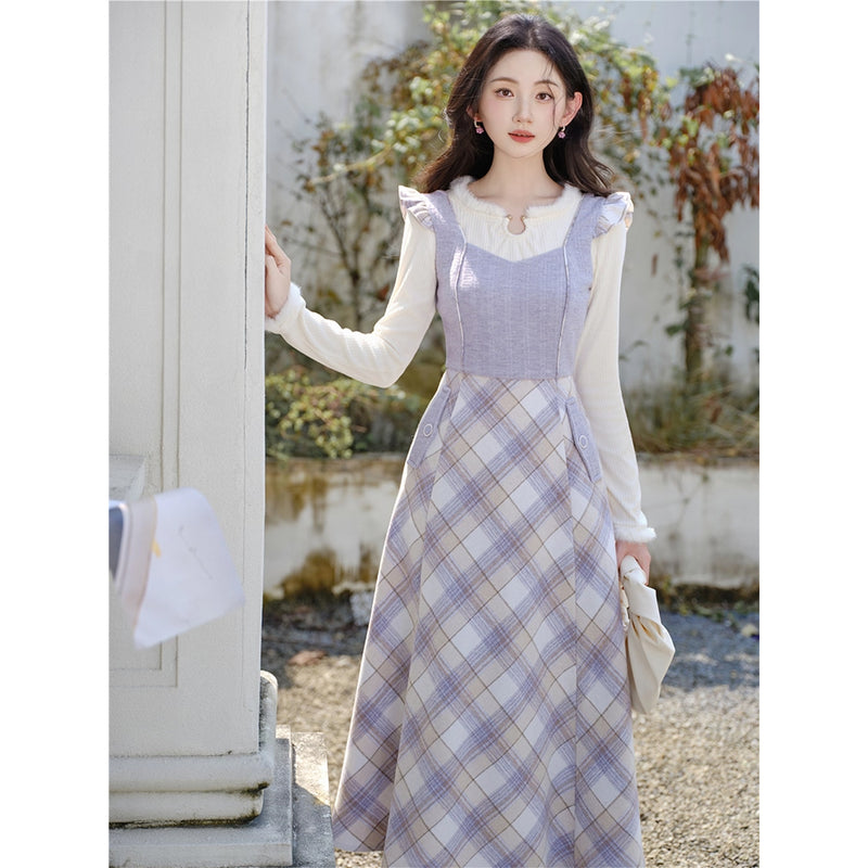 Light Purple Plaid Jumper Skirt and Knit Top