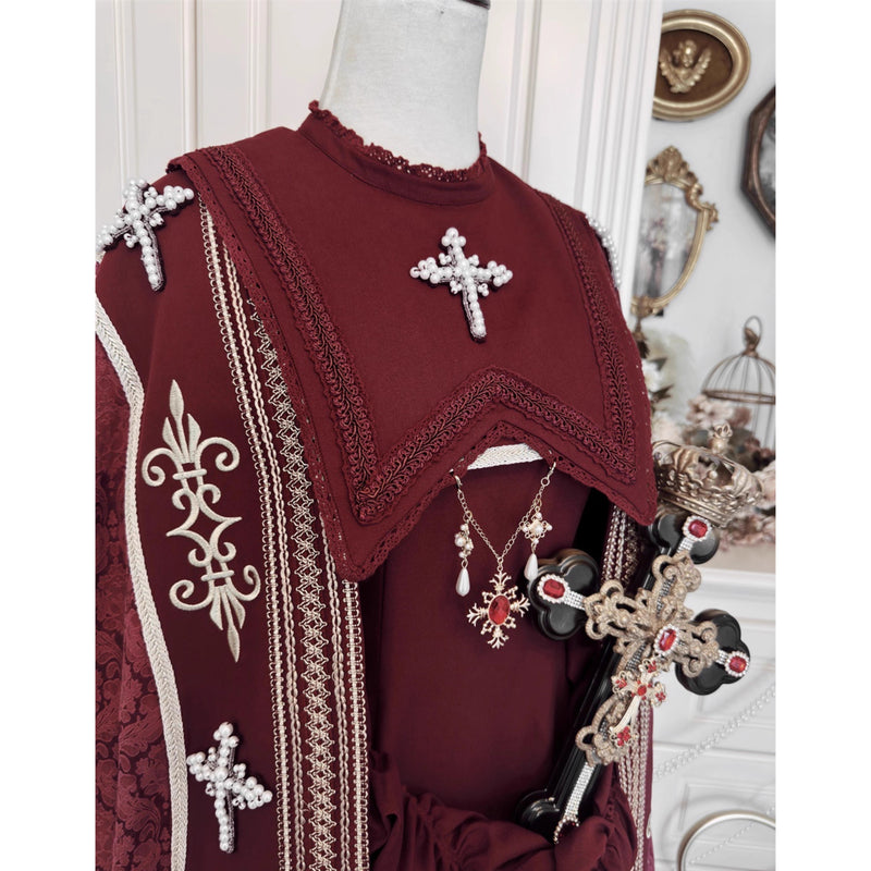 月夜の修道女の刺繍ロングマント - Wine Red × Gold[2025年12月上旬-2026年1月上旬発送予定]
