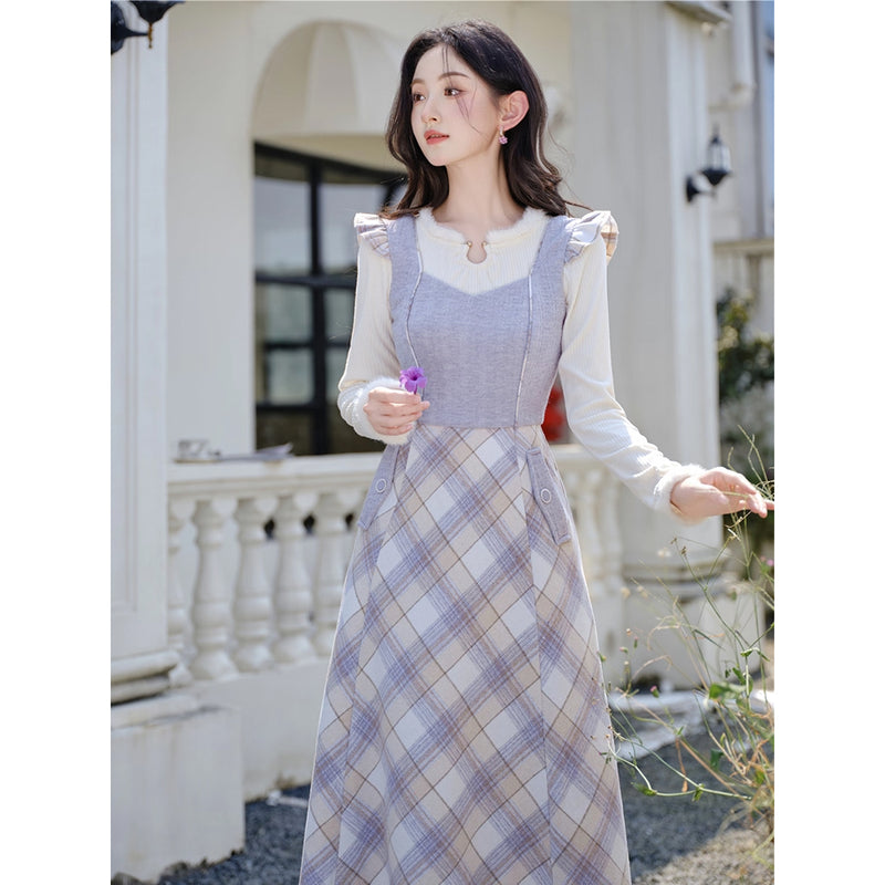 Light Purple Plaid Jumper Skirt and Knit Top