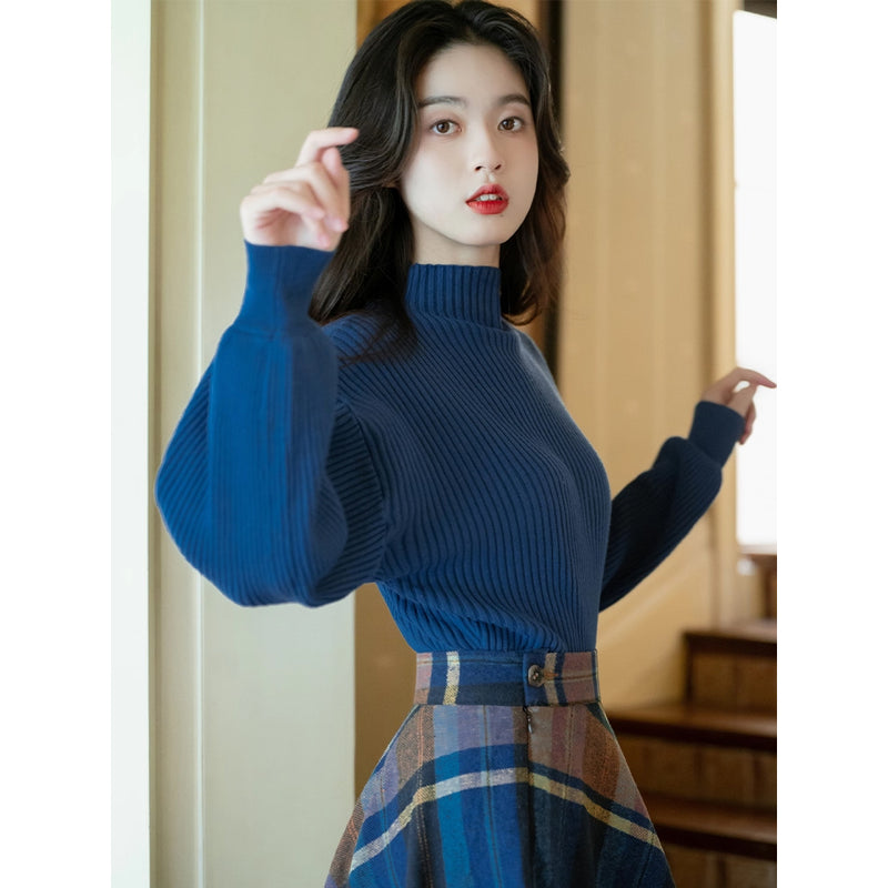 Blue-Brown Checkered Retro Skirt and Blue Knit Sweater