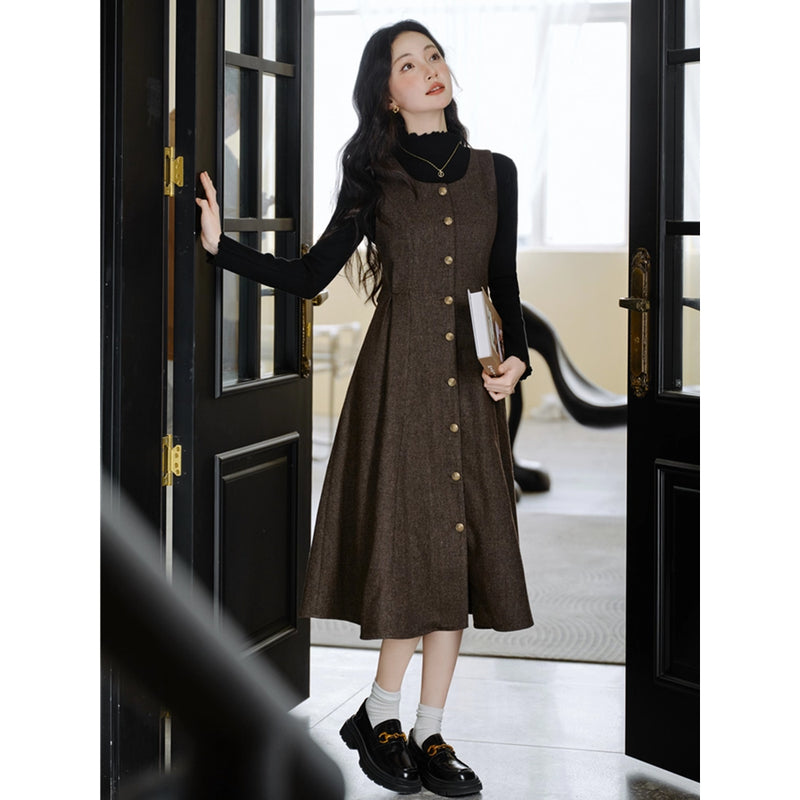 Dark Brown Jumper Skirt and Black Knit Top