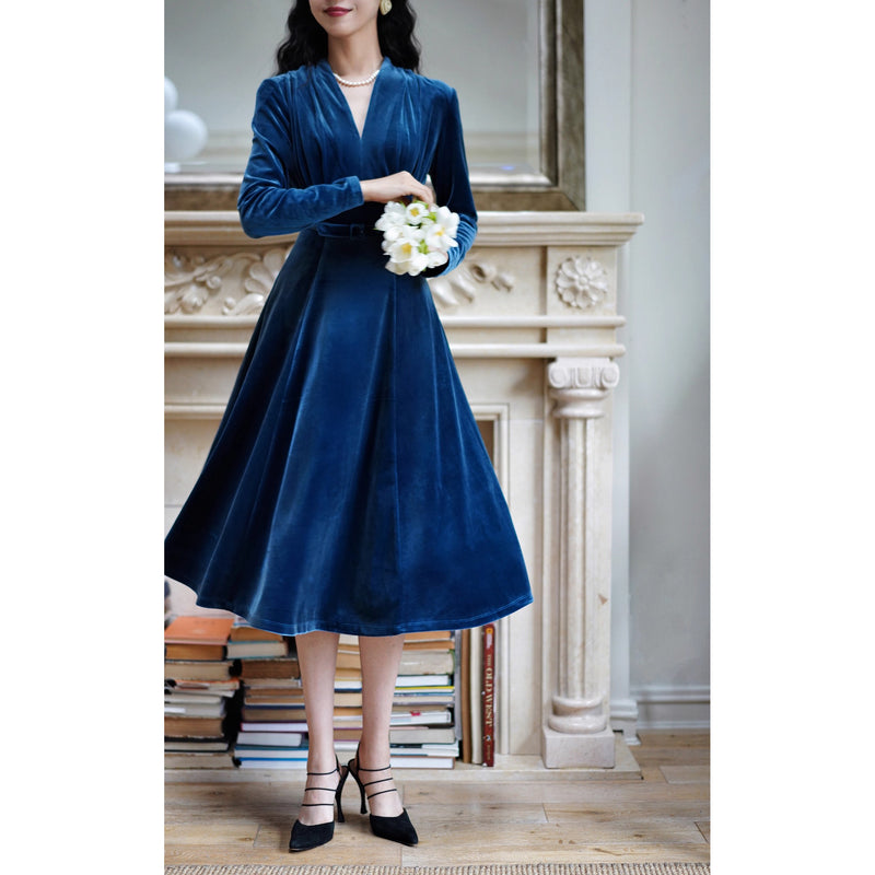 紺藍色の貴婦人ベルベットワンピース