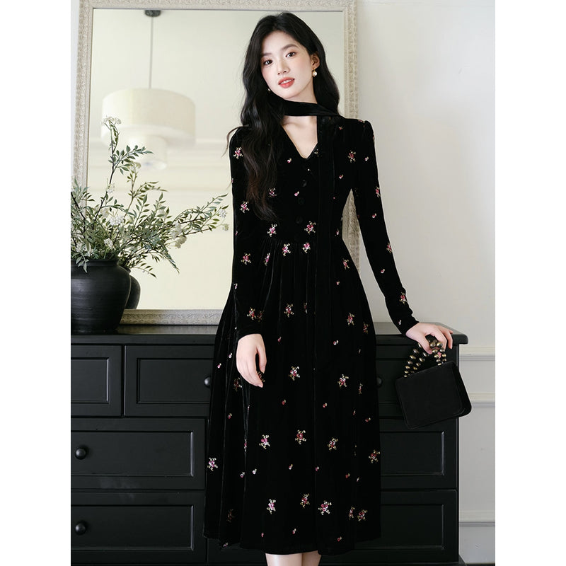 Black Floral Embroidered Velvet Dress