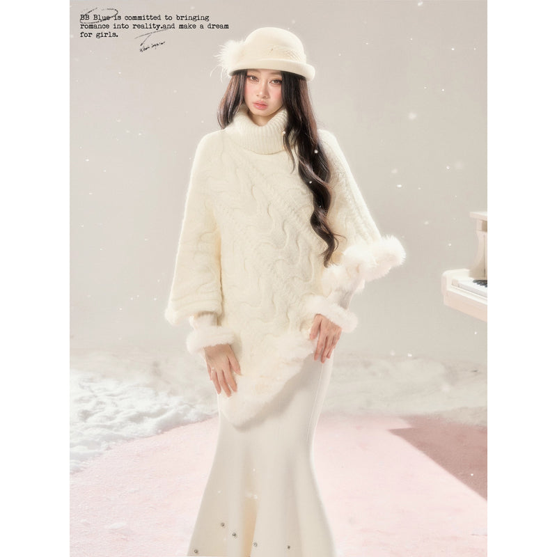 High-neck Knit Shawl Cape