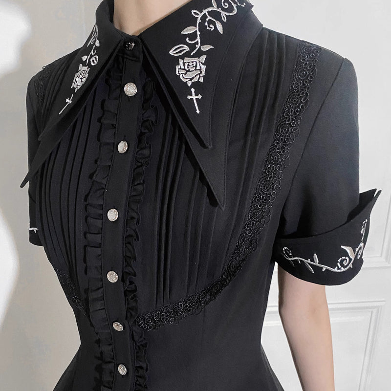 中世貴族の薔薇刺繍ワンピース - Black[2025年9月中旬-10月上旬発送予定]