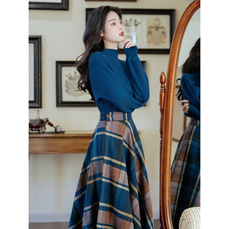 Blue-Brown Checkered Retro Skirt and Blue Knit Sweater