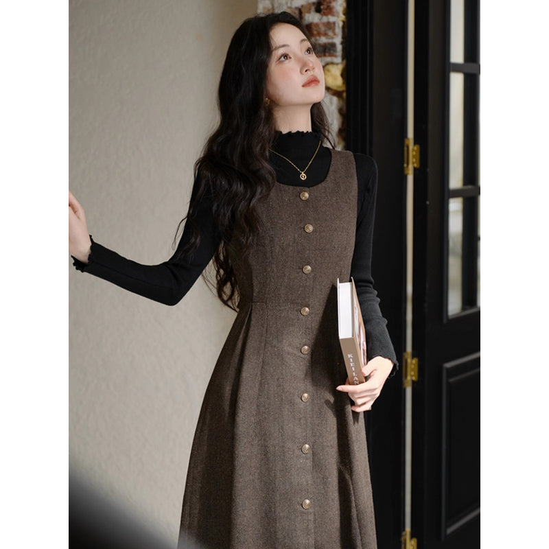 Dark Brown Jumper Skirt and Black Knit Top