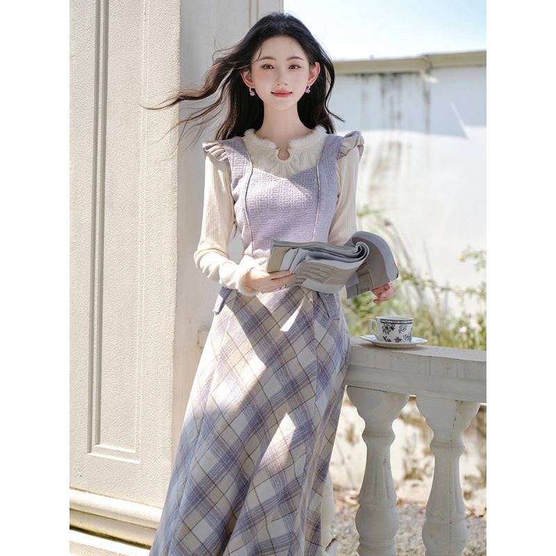 Light Purple Plaid Jumper Skirt and Knit Top