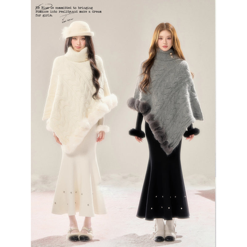 High-neck Knit Shawl Cape